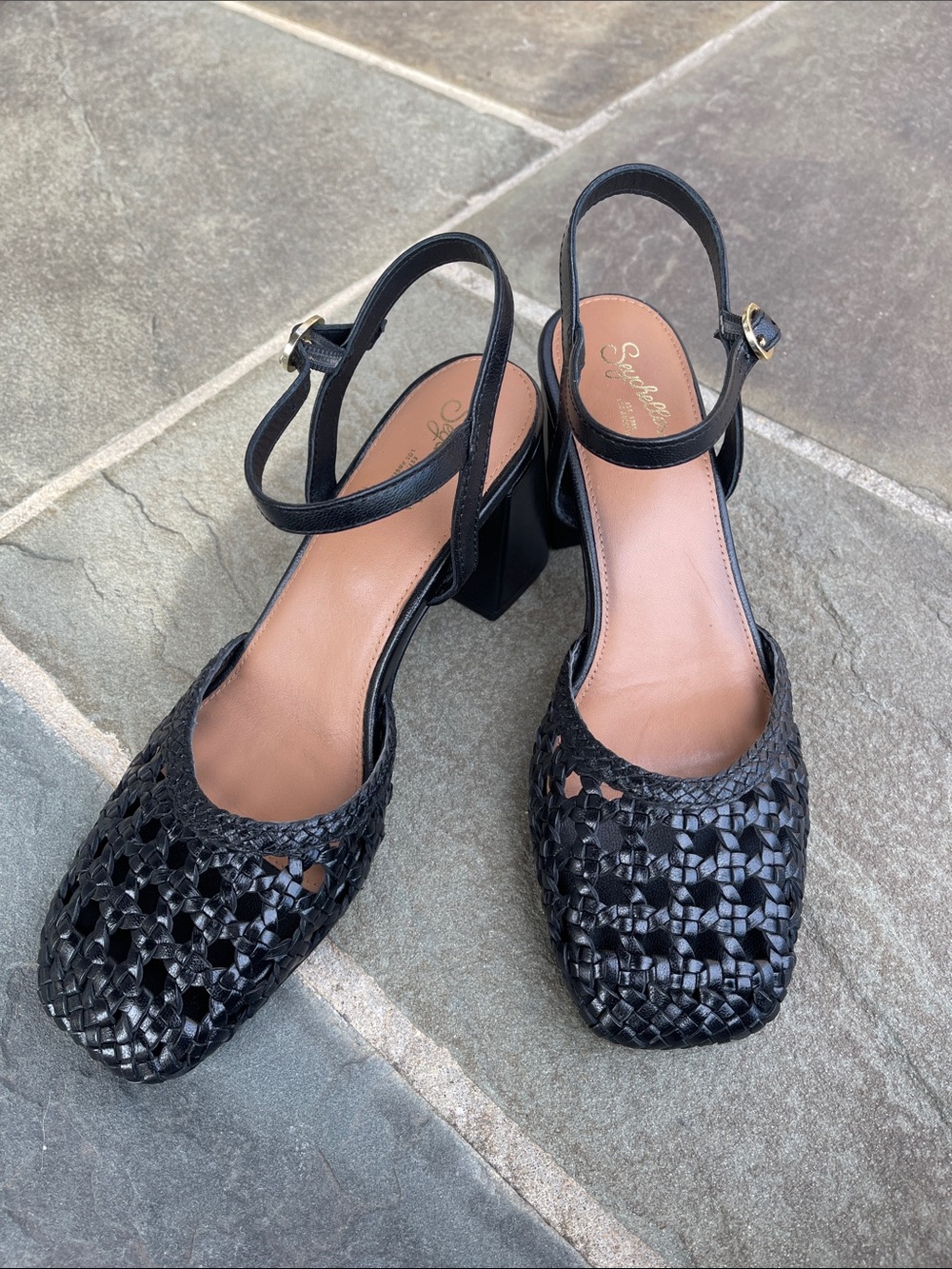 Seychelles Black Woven Slingback Block Heel Sandals